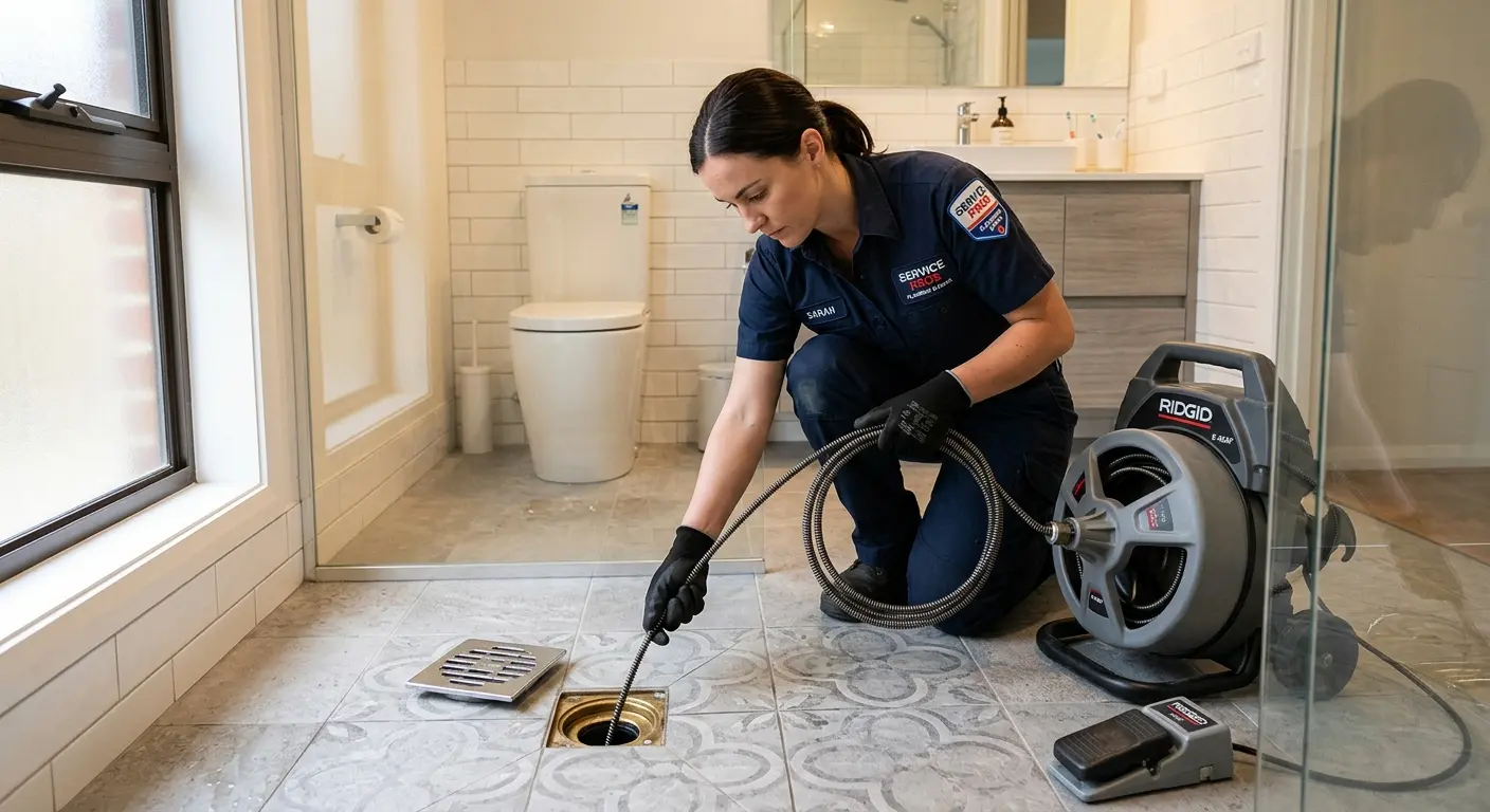 Technician clearing a bathroom floor drain for Hydro Jetting in Meadow Woods